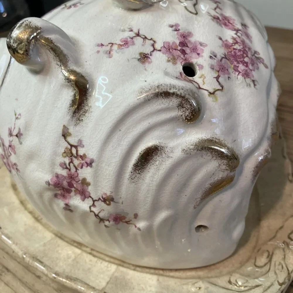 Antique Porcelain Butter Cheese Keeper W/ Lid Pink Flowers Cherry Blossom Gold